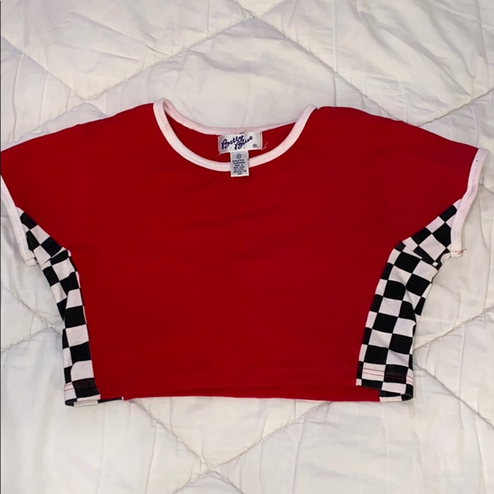Red cropped baby tee with racing detailing